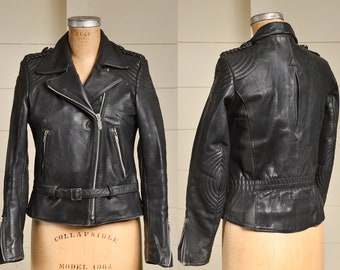 Vintage Harley Davidson Motorcycle Jacket Black Leather Fitted Moto Biker Coat