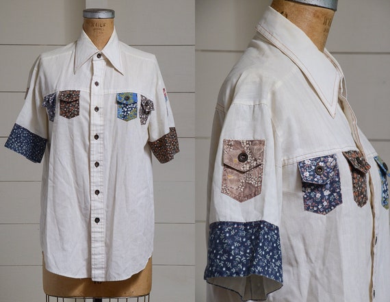 70s Hippie Shirt Button Down Patchwork Pocket Hipp