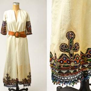 Antique Balkan Folk Dress Heavy Embroidered Bavarian Bell Sleeve Costume Dress