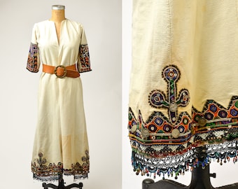 Antique Balkan Folk Dress Heavy Embroidered Bavarian Bell Sleeve Costume Dress