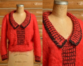 1970s does 1920s Mohair Sweater Red Knit Fuzzy Sweater