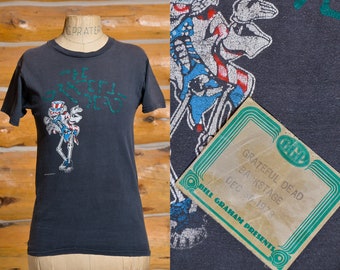 1970s Grateful Dead Movie New Years Skeleton w/ Original Backstack Pass Ticket Hippie Tee