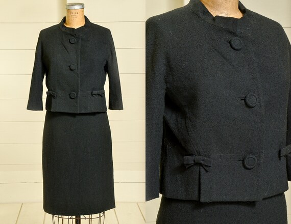 1950s Modern Knit Skirt Suit Set Two Piece Black M
