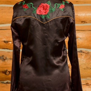 1970s Jizz San Fransisco Glam Rock Black Satin Western Rose Shirt image 5