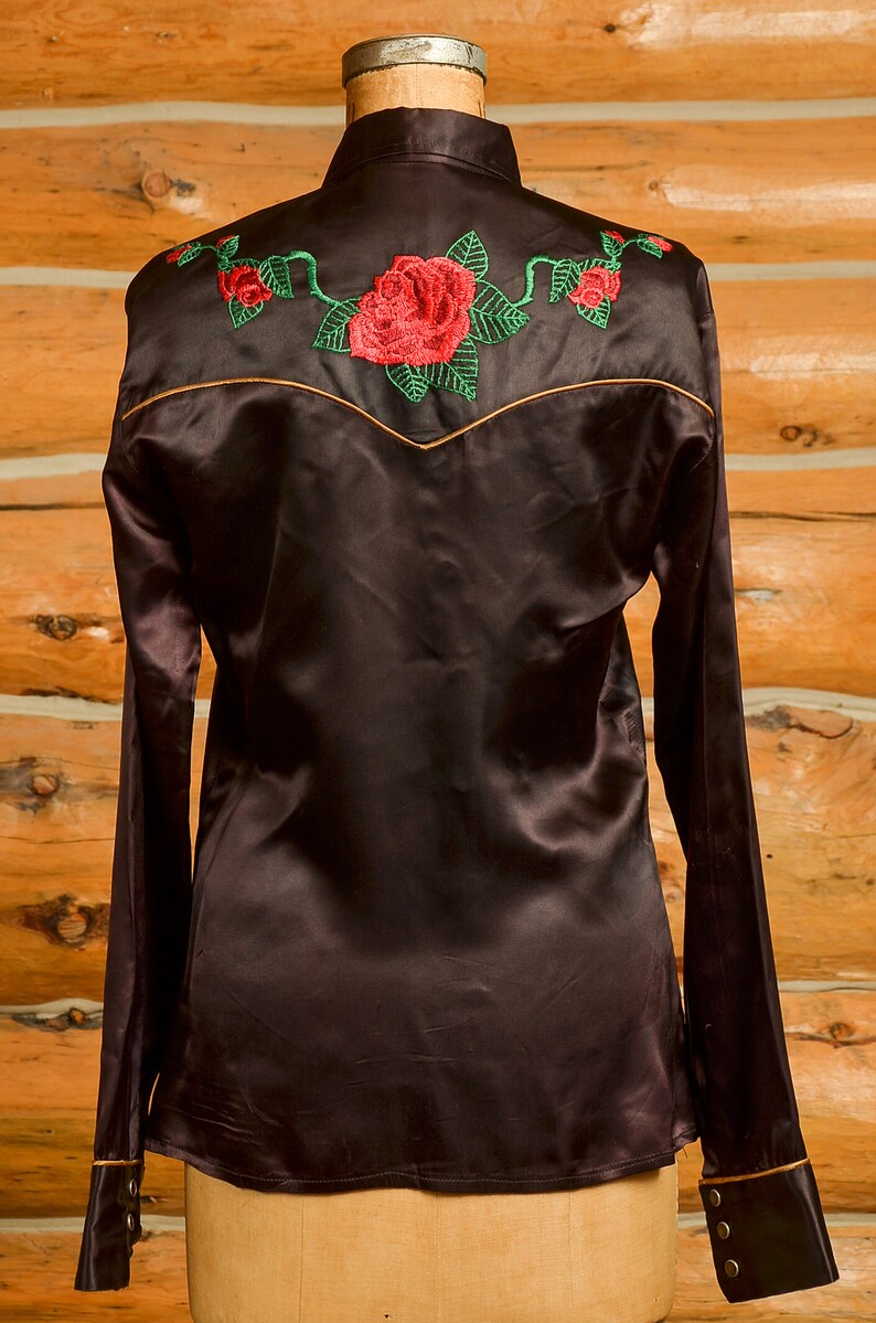 1970s Jizz San Fransisco Glam Rock Black Satin Western Rose Shirt image 5