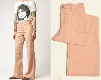 1970s Peach Bell Bottoms High Waisted Cotton Wide Leg Trousers 28 x 31