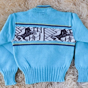 1950s Deadstock Kids Sweater Blue Cherub Horse Knit Wool Ski Sweater size 4 image 5