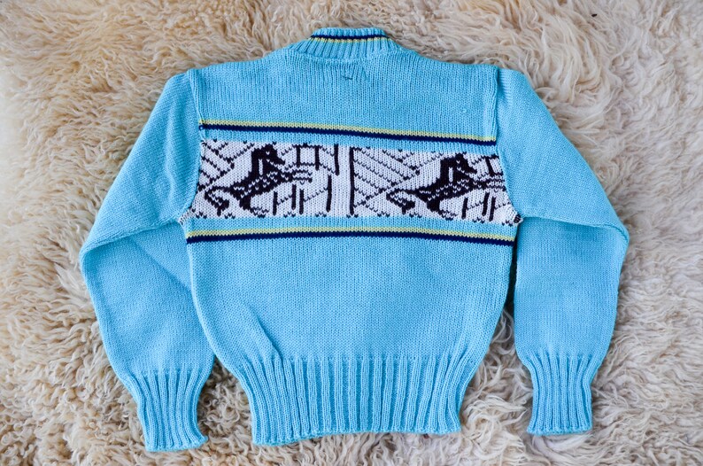 1950s Deadstock Kids Sweater Blue Cherub Horse Knit Wool Ski Sweater size 4 image 5