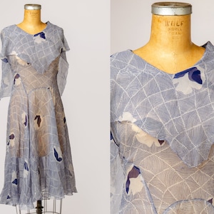 1920s Silk Floral Flapper Dress Sheer Blue Drop Waist Dress