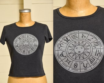 1970s Astrology T Shirt Black Cotton Cap Sleeve Horoscope Tee