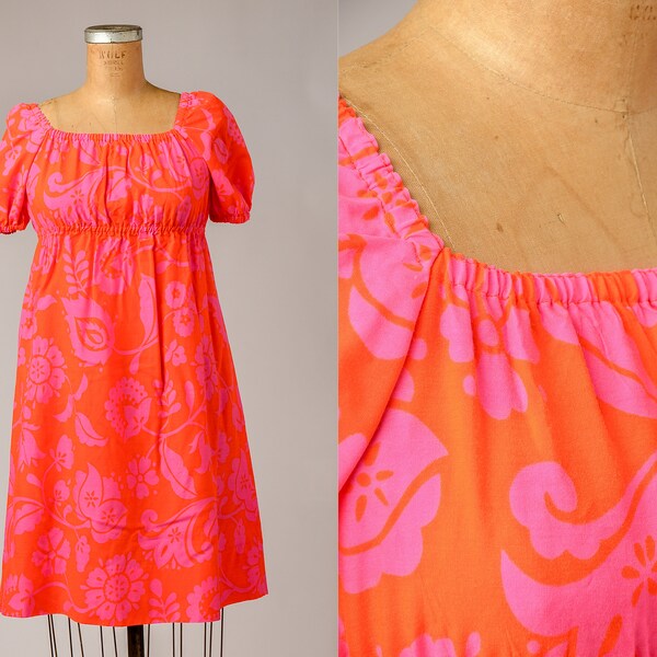 1960s Hawaiian Dress Neon Pink and Orange Cotton Tropical Floral Print Dolly Dress