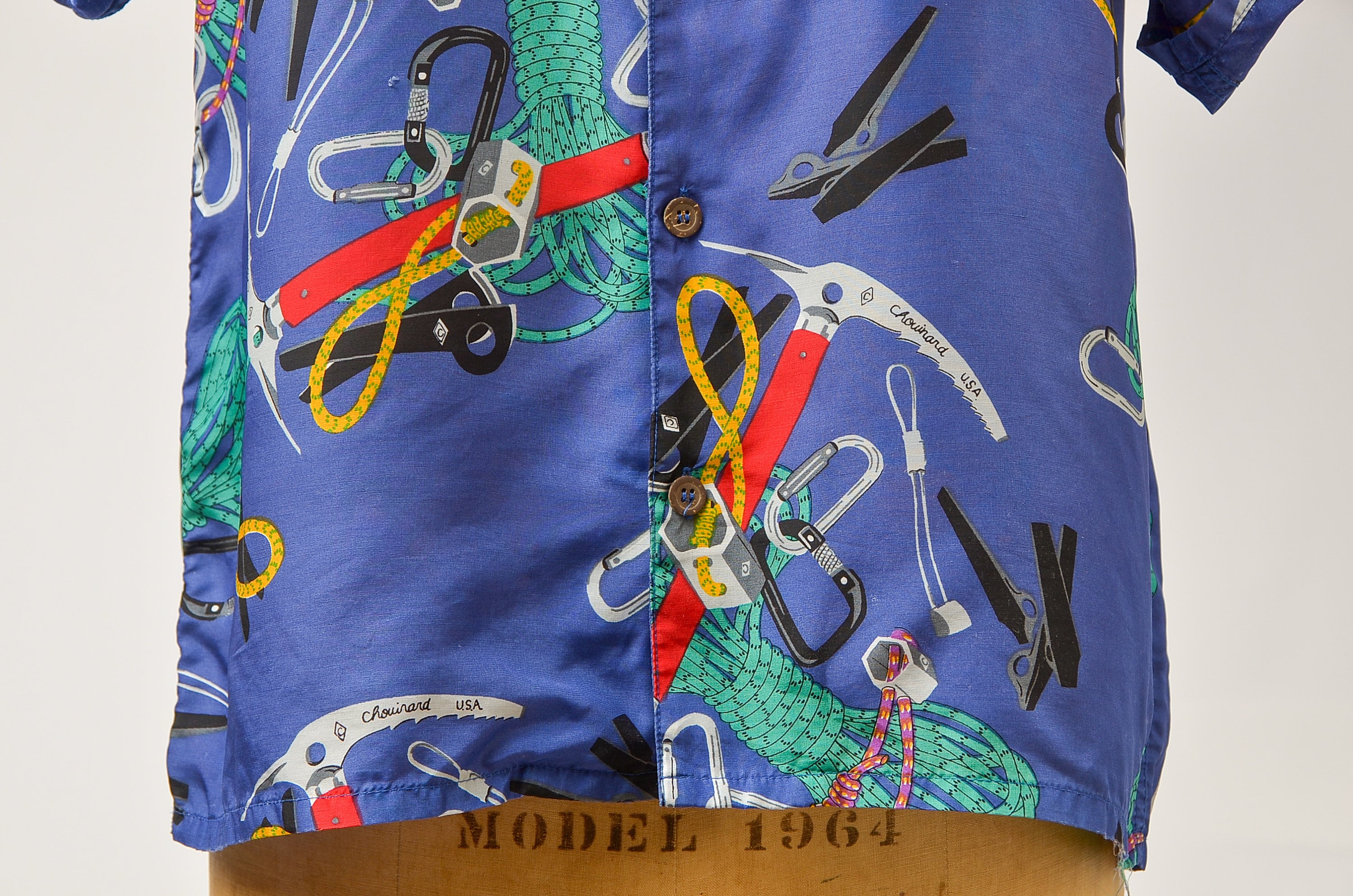 1980s Chouinard Climbing Equipment Shirt Blue Rayon Button 1980s Chouinard Climbing Equipment Shirt Blue Rayon Button