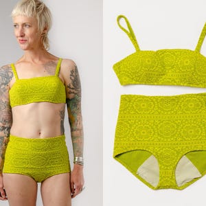 1960s Bikini Psychedelic Chartreuse Two Piece High Waisted Bikini Swimsuit