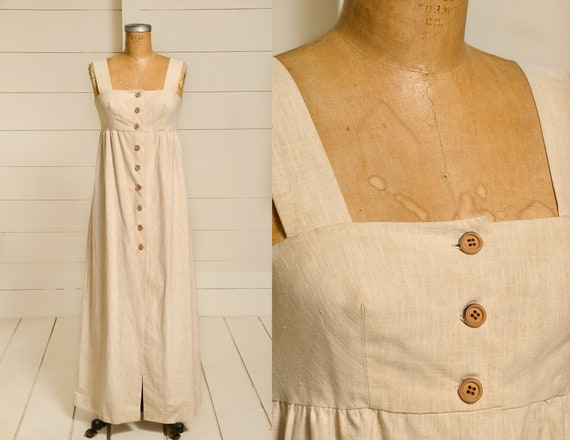 1970s Natural Cotton Maxi Dress Wood Button Down M