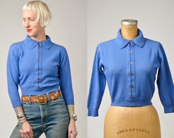 1950s Jantzen Blue Knit Mid Century Rockabilly Crop Sweater