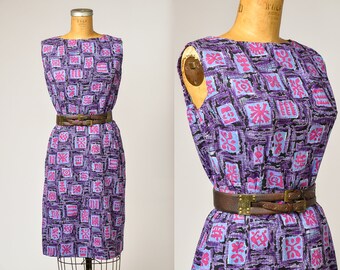 1950s Hawaiian Dress Set Purple Batik Print Cotton Rockabilly Dress