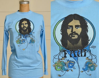 1970s Nouveau Jesus T Shirt Religious 'I Am' Long Sleeve Art Nouveau Style T Shirt