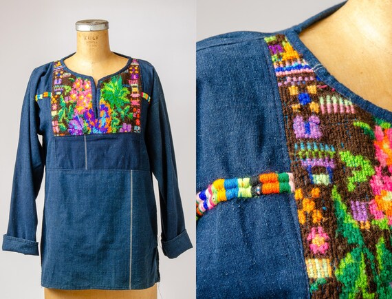 Vintage 70s Guatemalan Tunic Top Indigo Denim Needlepoint Embroidery Folk Shirt