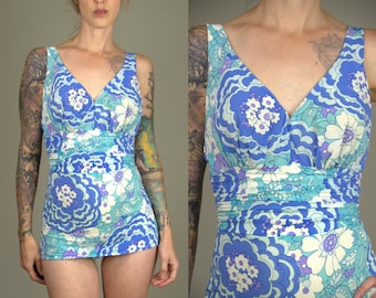 60s Skirted Swimsuit Catalina Psychedelic Bombshell Mod Bright Pop Art Floral Open Back Beach Party Swimsuit