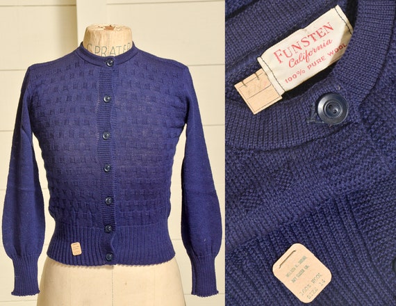 1950s Deadstock Cardigan Sweater Navy Blue Basketw