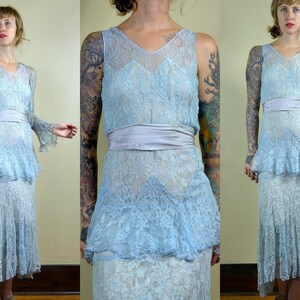 1920s Powder Blue Lace Dress with Bell Sleeve Jacket and Evening Gown STUNNING