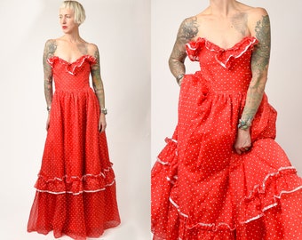 1970s Gunne Sax Polka Dot Red & White Strapless Party Dress