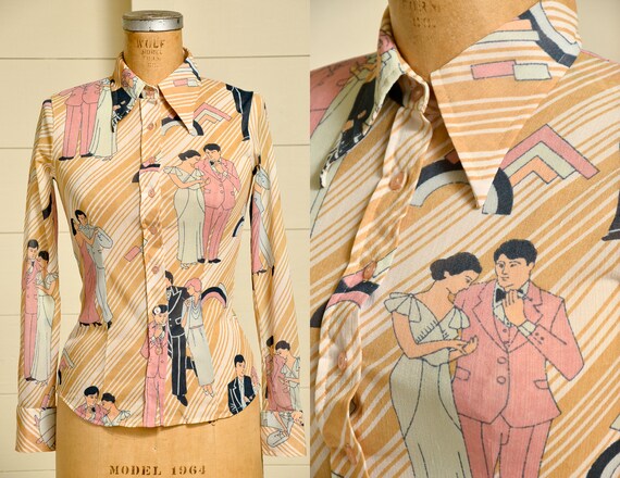 70s Novelty Print All Over Print Button Down Blous
