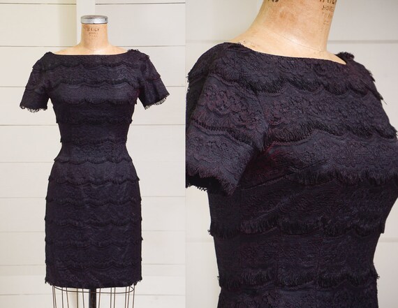 1950s Black Lace Fringe Cocktail Dress Jonathan Lo