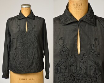 1920s Art Deco Blouse Black Silk Long Sleeve Formal Shirt