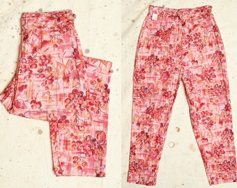 1950s Novelty Print Cigarette Pants Red and Pink Berries High Waisted Tapered Trousers