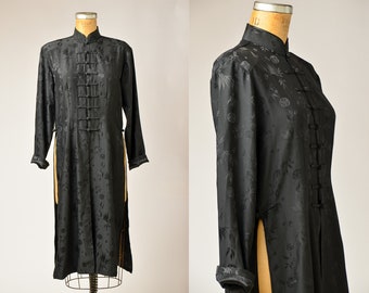 Vintage Cheongsam Duster Black Brocade Satin Imperial Jacket