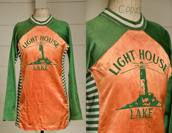 1940s Jersey Lighthouse Lake Orange & Green Satin