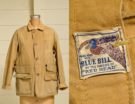 1940s Blue Bill Hunting Jacket Brown Canvas Red H… - image 1