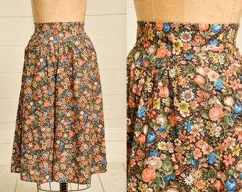 1970s Prairie Skirt Brown & Rust Floral Bouquet Print Western Dress