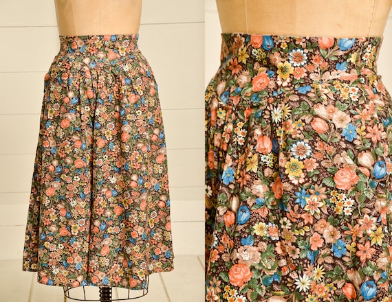 1970s Prairie Skirt Brown & Rust Floral Bouquet P… - image 1