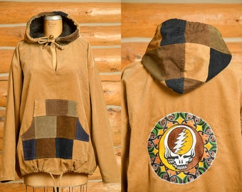 90s Grateful Dead Skull Patchwork Hippie Jacket Brown Corduroy Hooded Parka