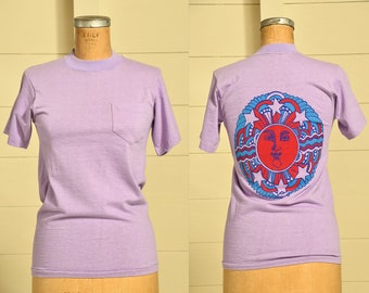 1970s Psychedelic Novelty T Shirt Purple Single Pocket Hippie Sun T Shirt