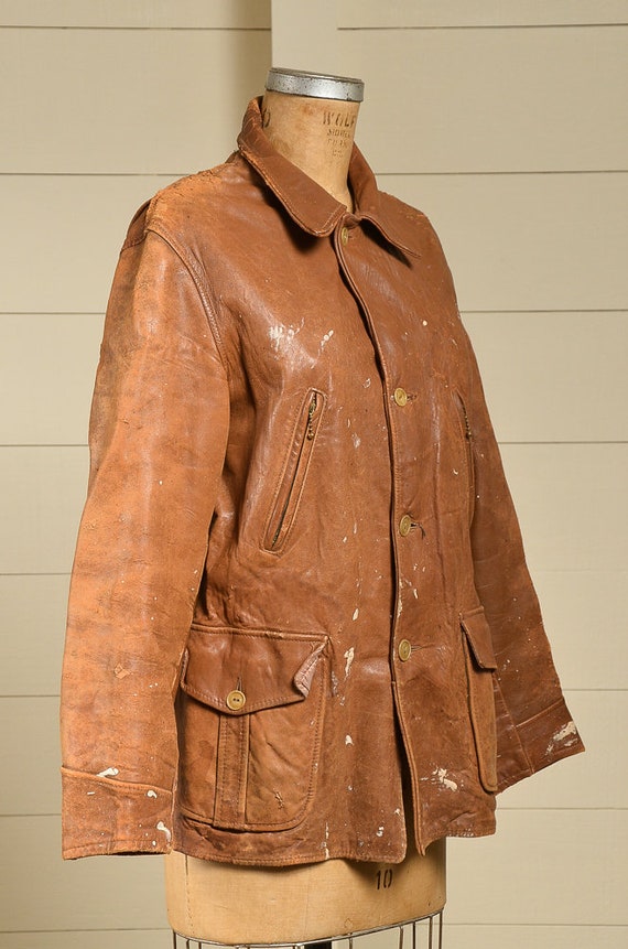 1940s TEST Leather Sport Coat Pleated Back Brown Leather 