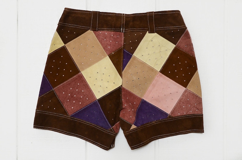 60s Patchwork Leather Mod Shorts High Waisted Glam Hippie Shorts