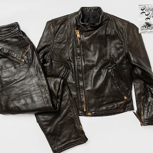 1970s Langlitz Leather Moto Jacket & Pants Set Black Cafe Racer 29 Waist