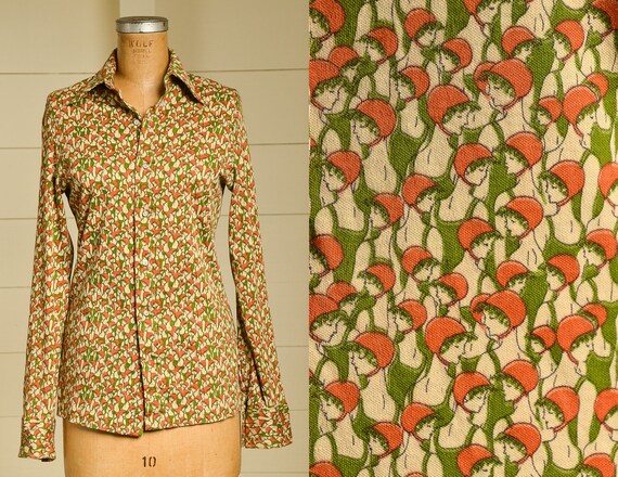 70s Novelty Print All Over Print Button Down Blous