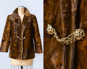 1960s Faux Pony Print Fur with Lion Head Brass Closure Rockabilly Swing Jacket Vegan Fur