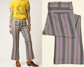 1970s Jacquard Knit Purple Stripe Mod Flared Hippie Pants 30 x 27
