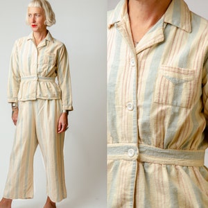 1940s Flannel Lounge Set Striped Cotton Deco Pajama Set