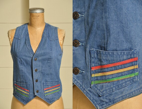 70s Rainbow Stitched Jean Vest Faded Glory Bohemia