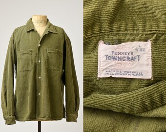 1960s Sage Green Corduroy Button Down Mens Shirt