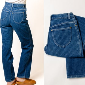 1970s Pinstripe Blue Denim High Waisted Western Jeans 27 x 30