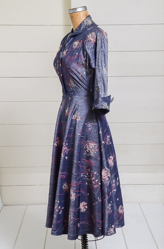 1950s Party Dress Hand Painted Abstract Rose Taff… - image 3