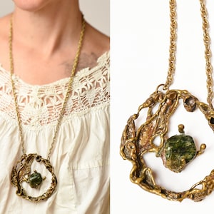 1960s Brutalist Bronze Sculptural Pendant Necklace with Gemstone Artisan Made