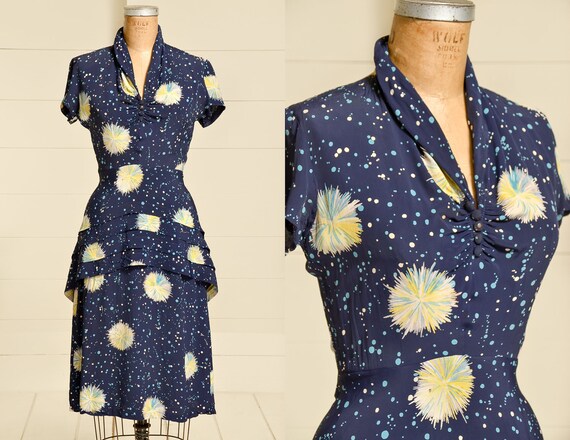 1930s Silk Pom Pom Dress Navy Blue & Yellow Day Dr
